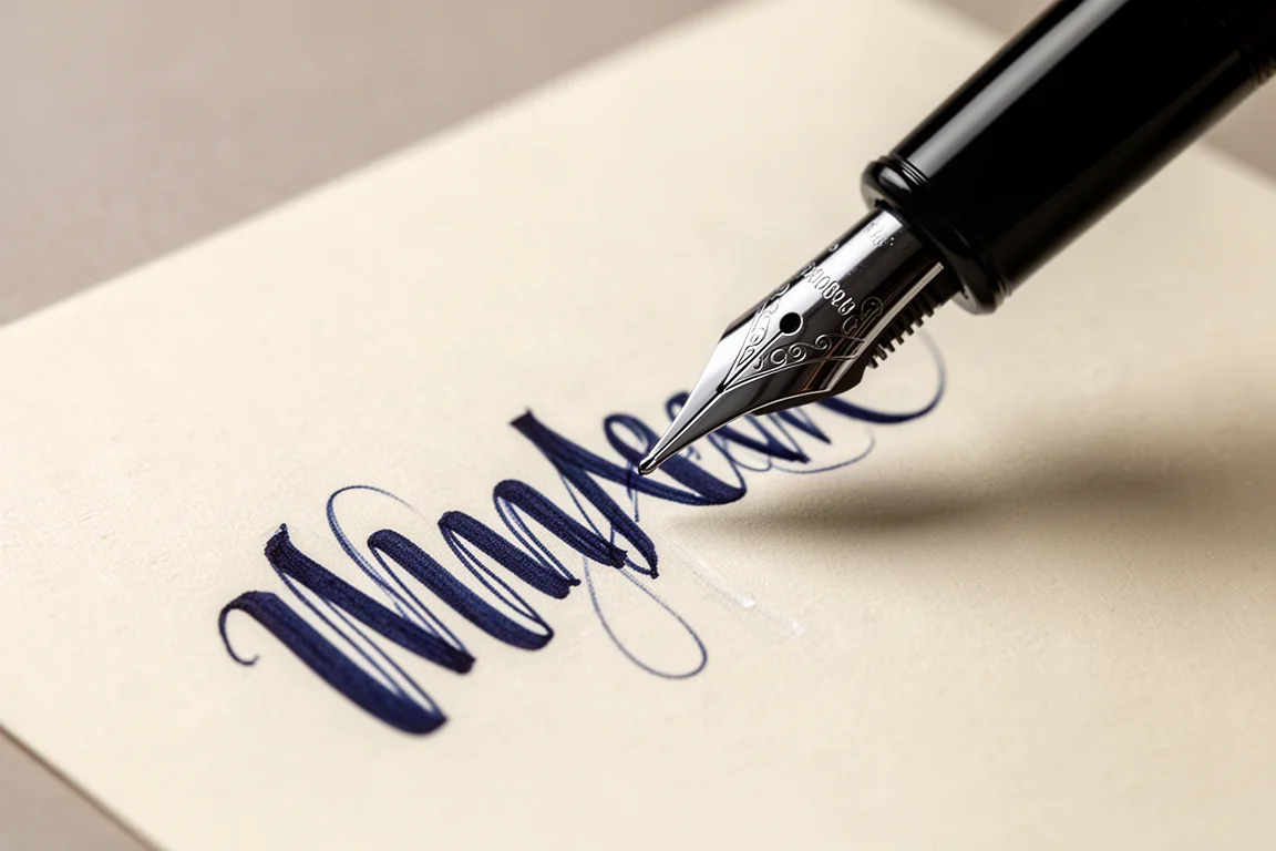 Una pluma estilográfica produciendo un dramático contraste de trazos gruesos y finos sobre papel de escritura crema