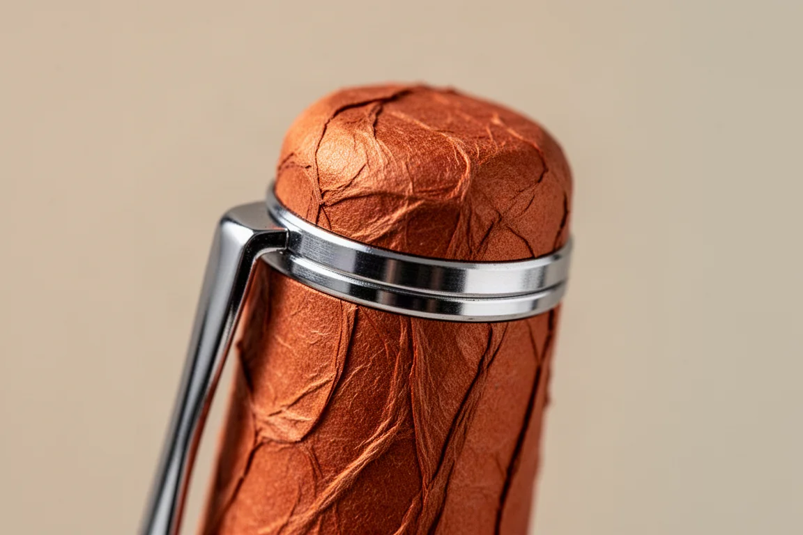 Nahaufnahme der Kappe eines orangefarbenen Füllhalters mit strukturierter Eloxiert-Aluminium-Oberfläche