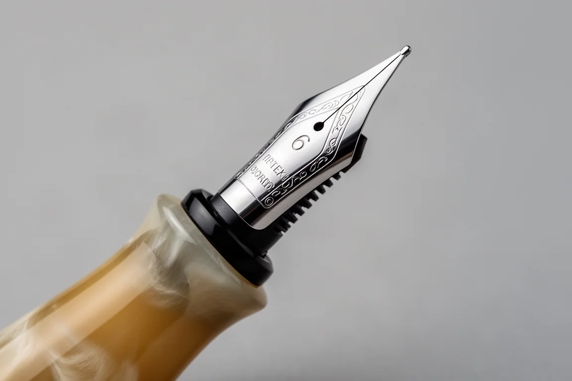 Edelstahl-Flex-Nib mit Ebonit-Feed auf dem Griffstück eines Füllhalters