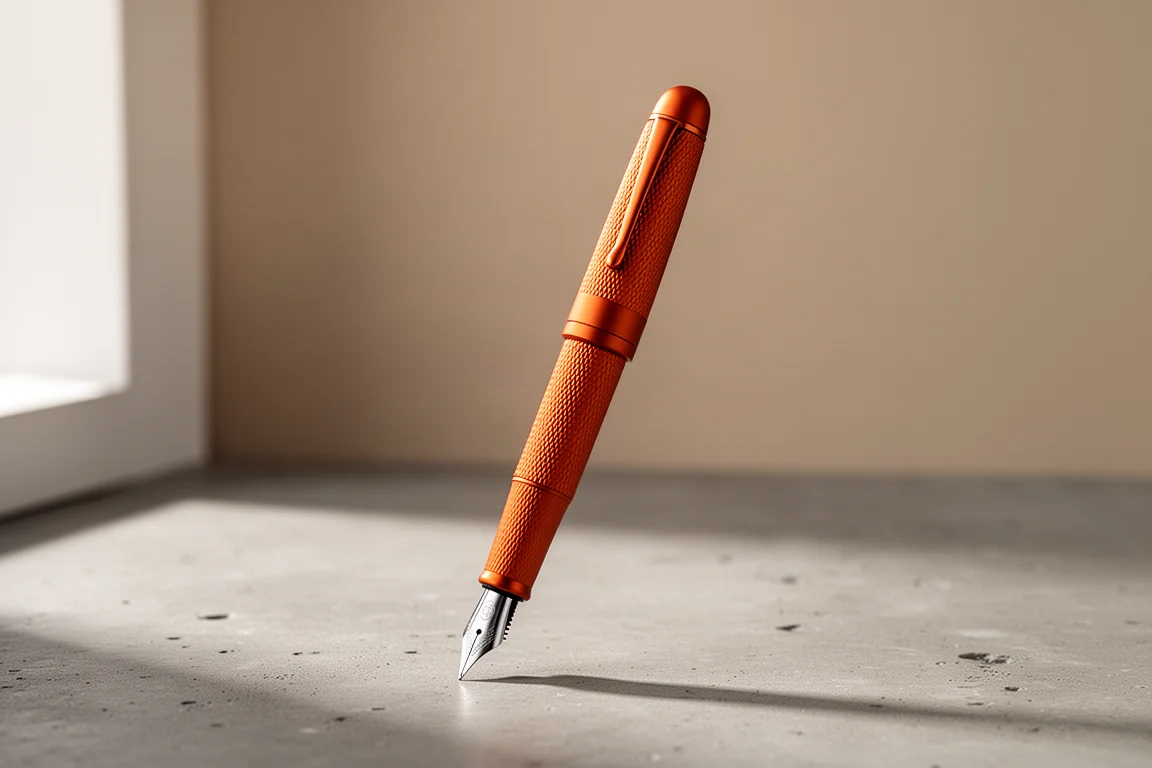 Orange textured aluminum fountain pen standing on a concrete surface