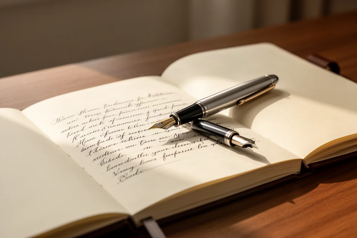Vulpen liggend op een open notitieboek met handgeschreven regels