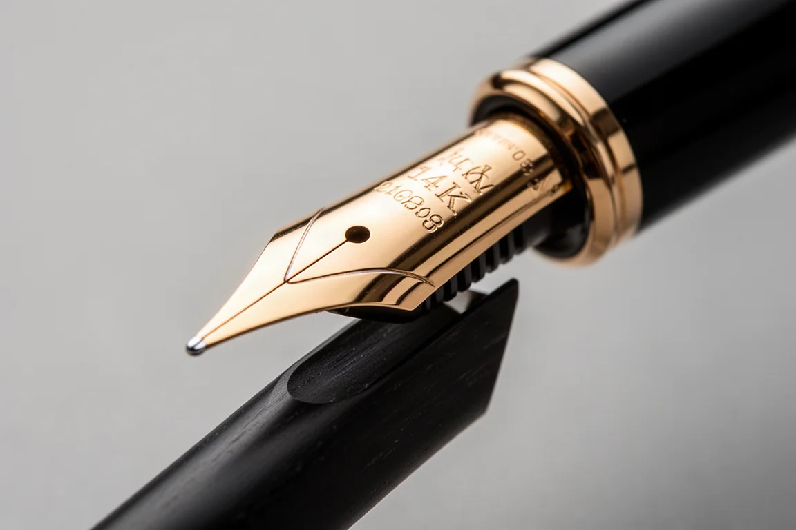 Close-up van een gouden flexnib met een laag profiel ebonieten voeder