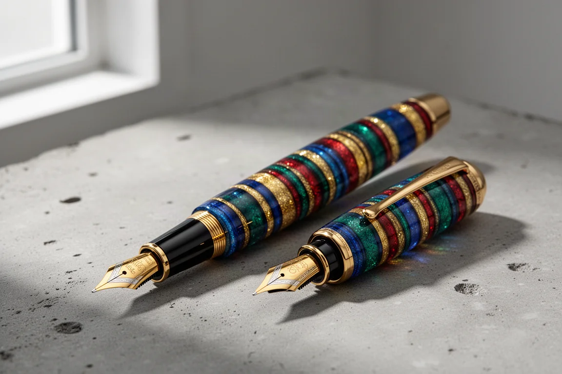 Magna Carta Mag 650 fountain pen with layered multicolor resin and gold nib on concrete