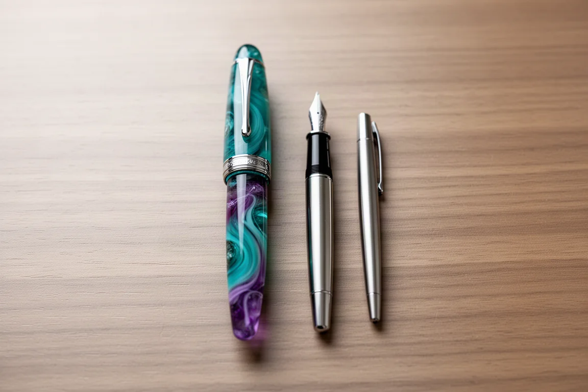 Large fountain pen beside a smaller metal fountain pen for size comparison