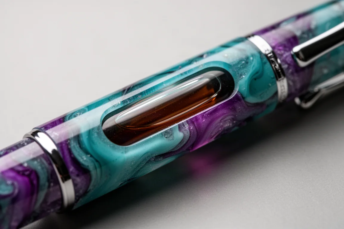 Close-up of a fountain pen barrel showing a clear ink window