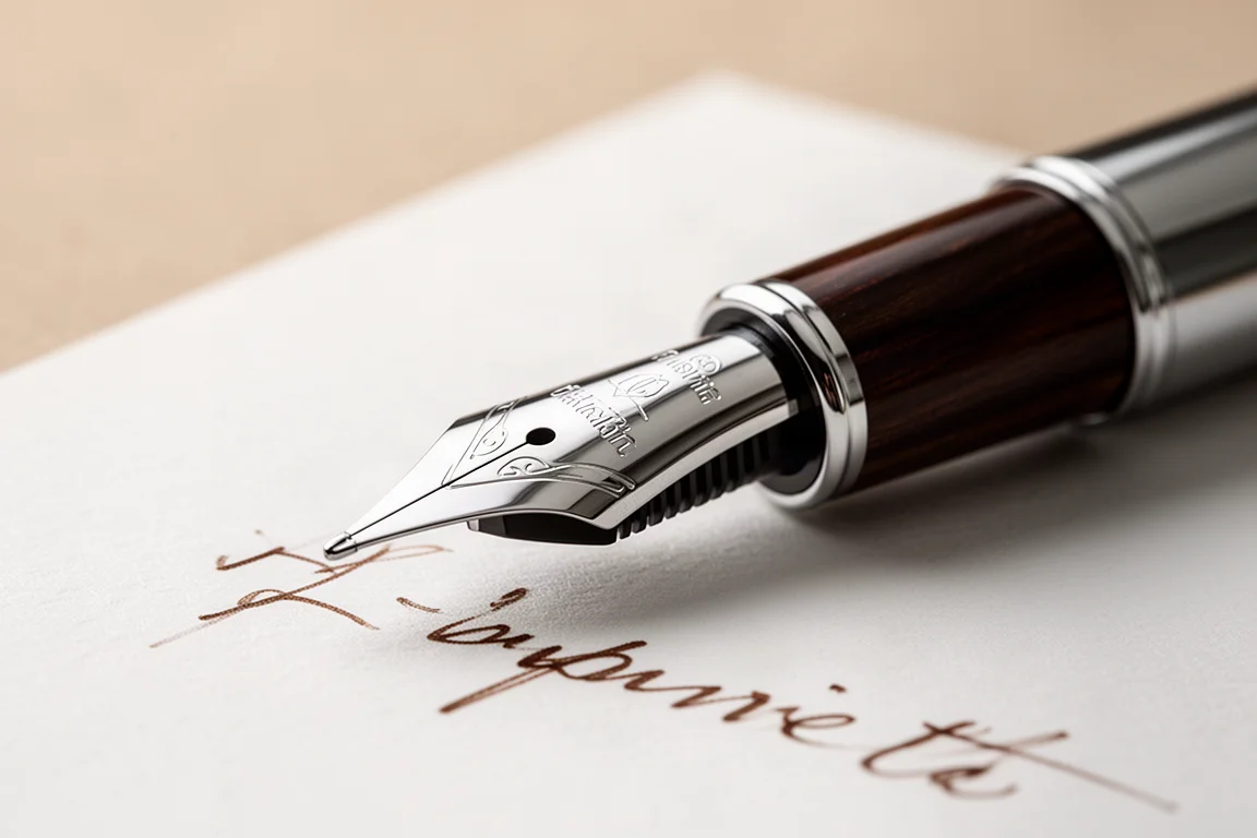 Oversized steel fountain pen nib with ebonite feed on white paper