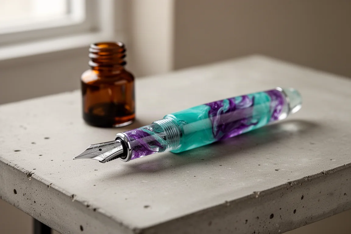 Fountain pen uncapped resting on a desk with ink bottle in background