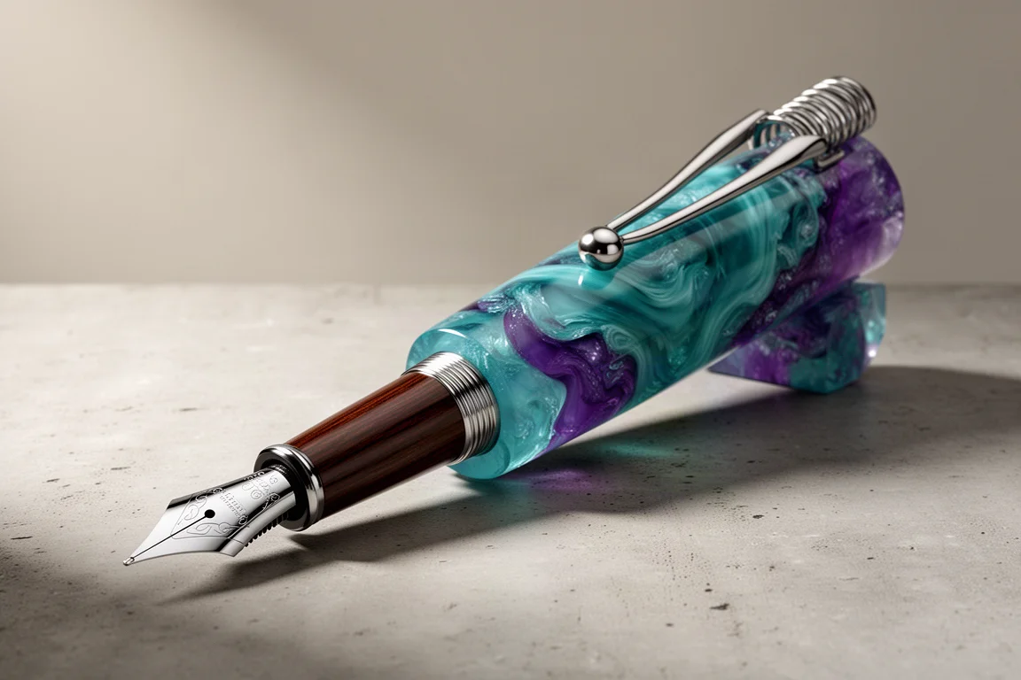 Large turquoise and purple resin fountain pen with oversized steel nib on concrete
