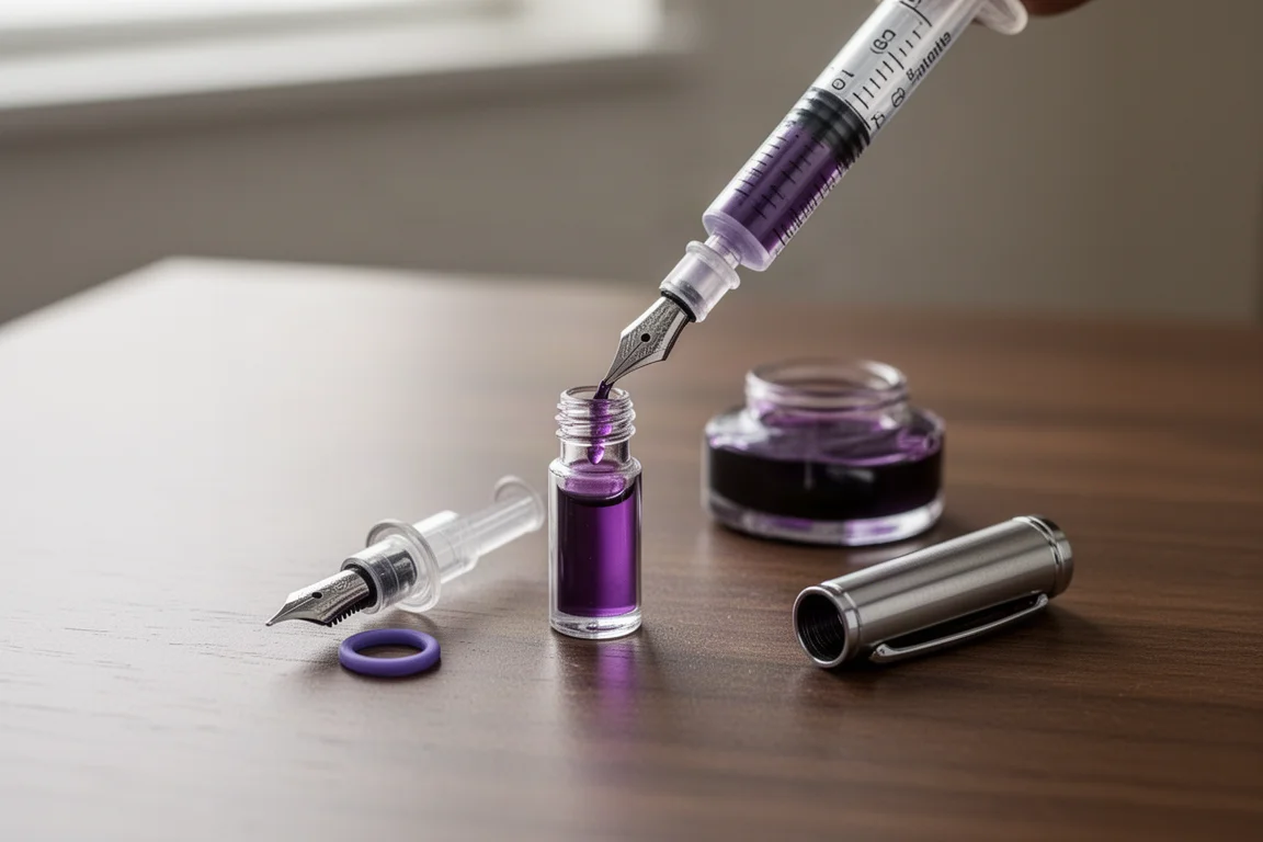 Spritze füllt den winzigen Barren eines Eyedropper-Füllers mit violetter Tinte