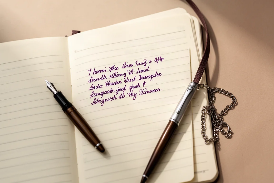 Kurze handschriftliche Notiz in violetter Tinte auf einer Notizbuchseite