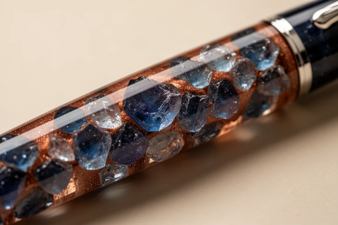 Cuerpo de pluma estilográfica de resina crushed-ice con destellos azules y de cobre