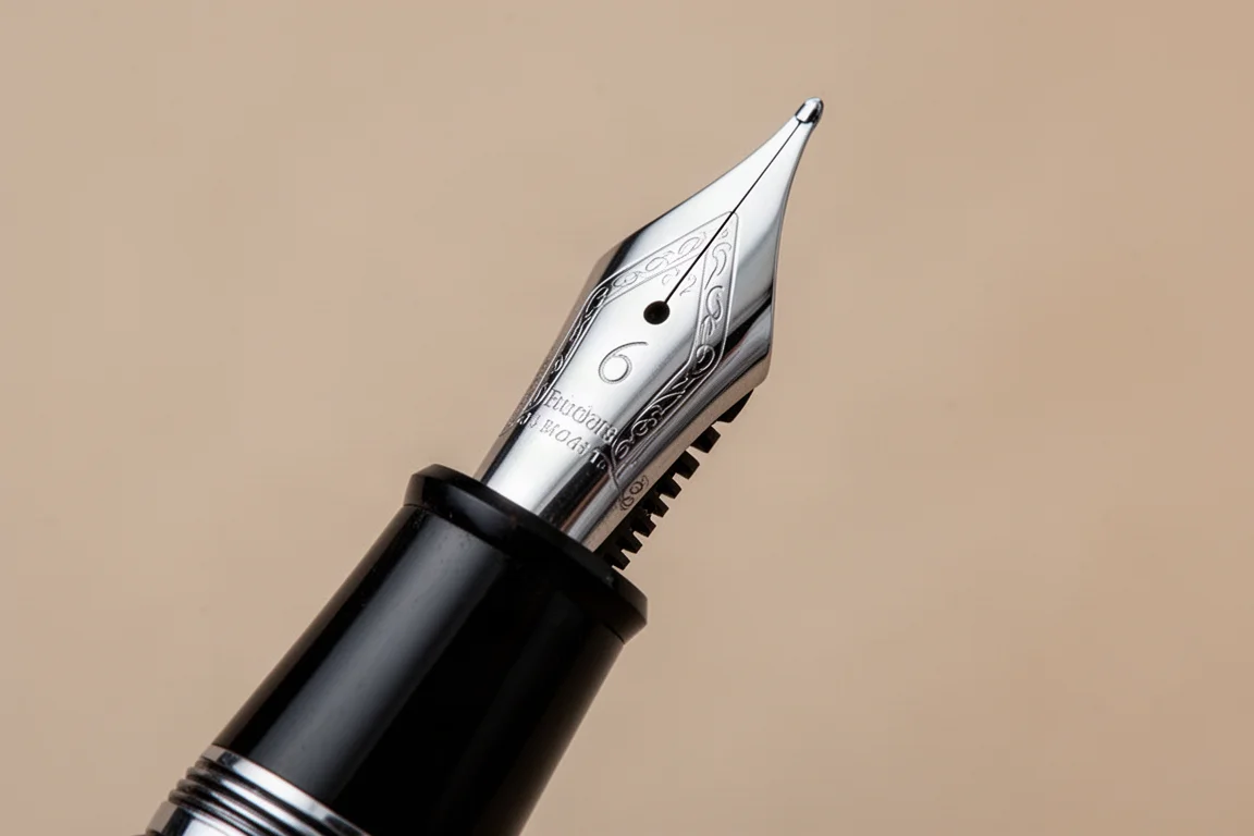 Plumín fude de pluma estilográfica inclinado hacia arriba mostrando el bisel angular