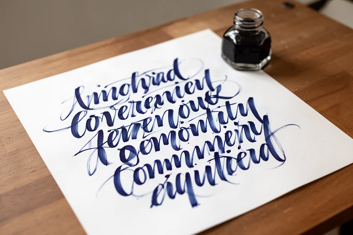 Trazas caligráficas de tinta azul de anchos variables sobre papel blanco