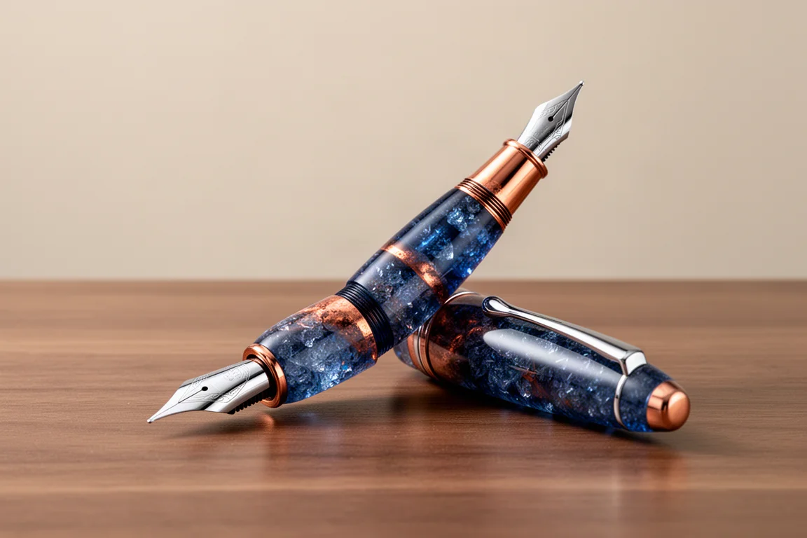 Magna Carta Urban fountain pen in blue and copper crushed-ice resin on a wooden desk