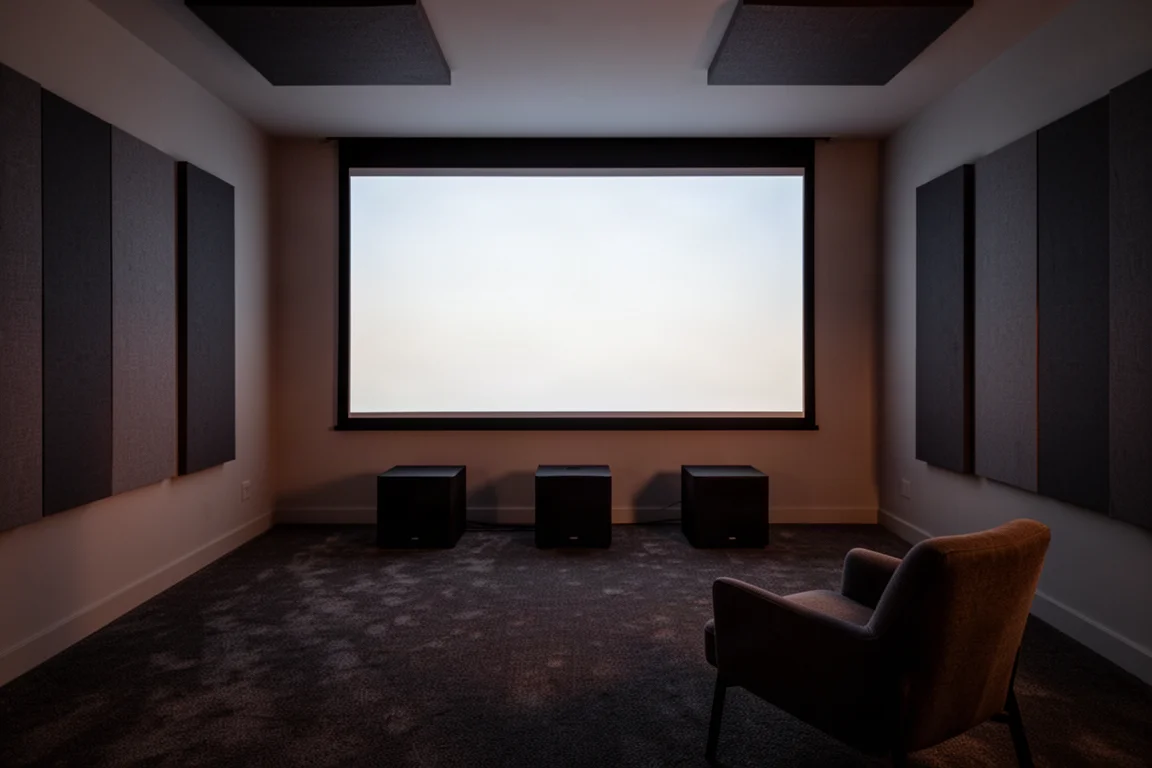 Sala de cine en casa con tres altavoces negros mate alineados bajo una pantalla de proyección suavemente iluminada