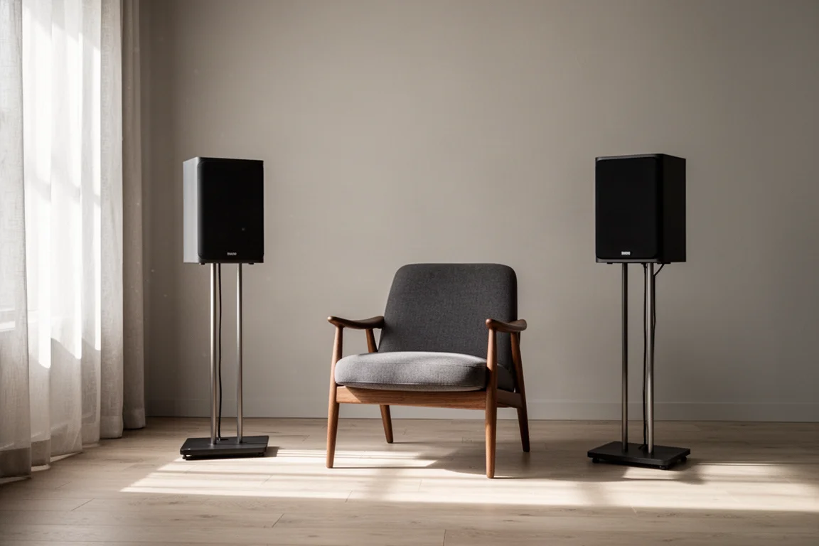 Dos altavoces negros mate sobre soportes en una sala de escucha tranquila iluminada por una luz suave de ventana