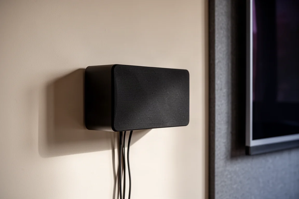 Altavoz negro montado en la pared, plano contra una pared lisa en un home theater