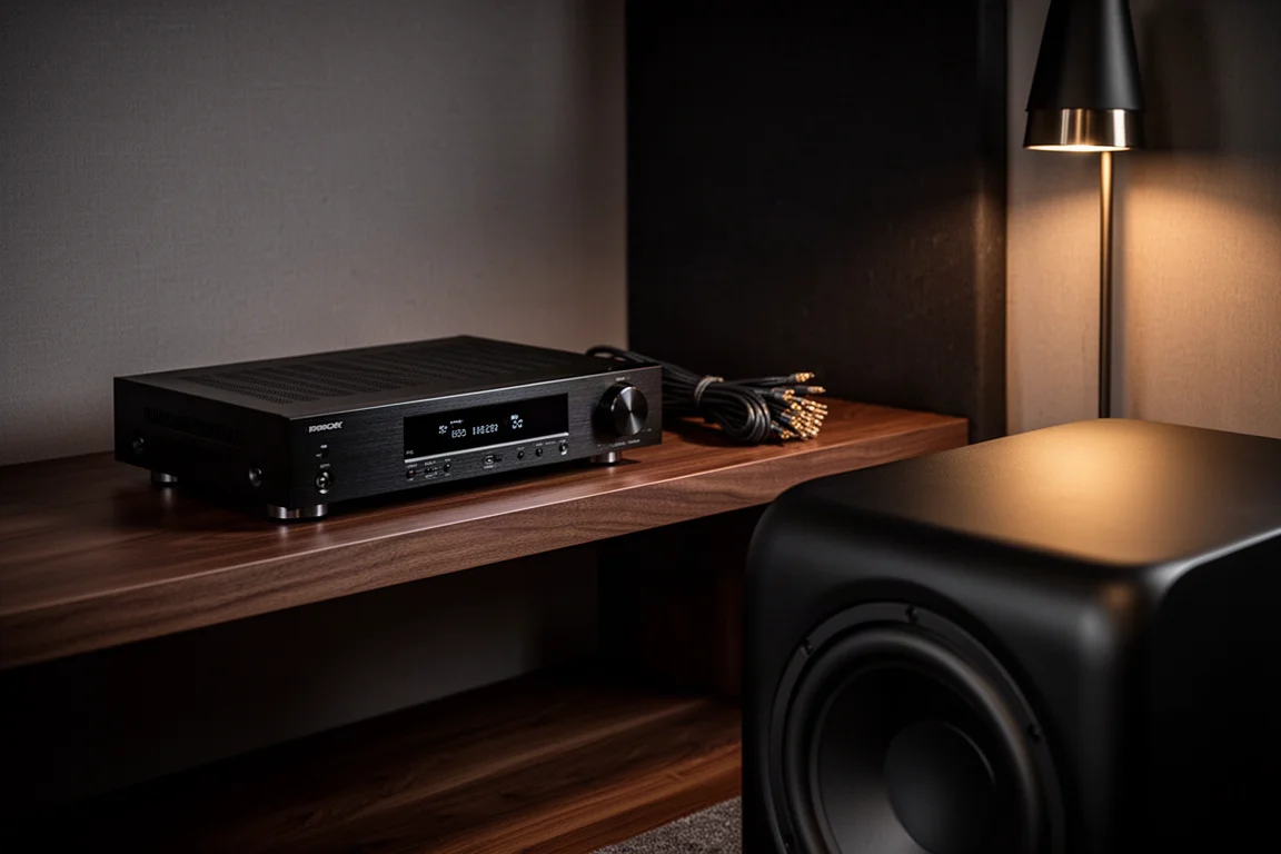 Detalle de un receptor AV, cables y un rincón con subwoofer en una sala de home theater oscura