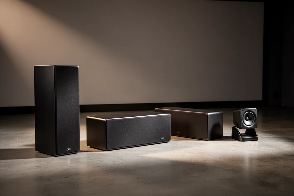 Row of matte black home theater speakers on a concrete floor in a dark cinema room