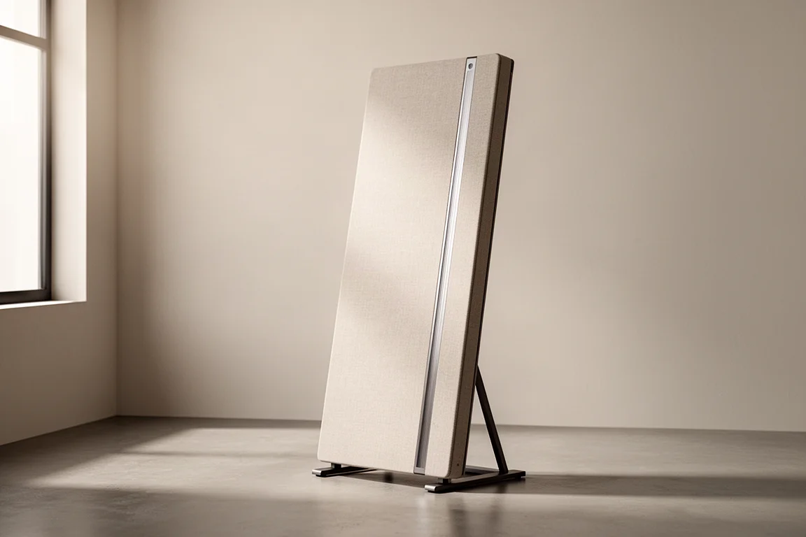 Tall thin planar loudspeaker on a low tilted stand in a minimalist listening room