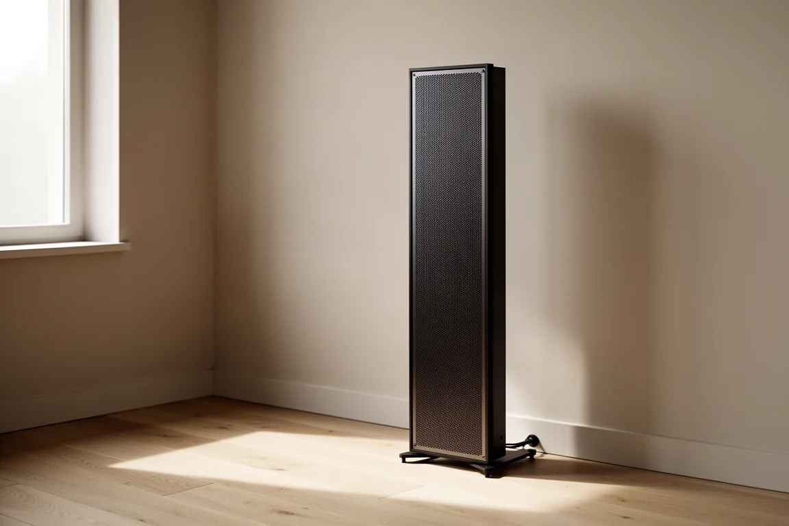 Slim black panel speaker on an angled stand in a quiet listening room