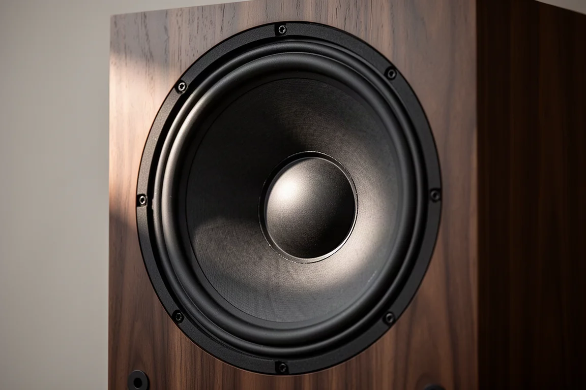 深色木紋喇叭箱體中大型低音單體振膜的近距離特寫