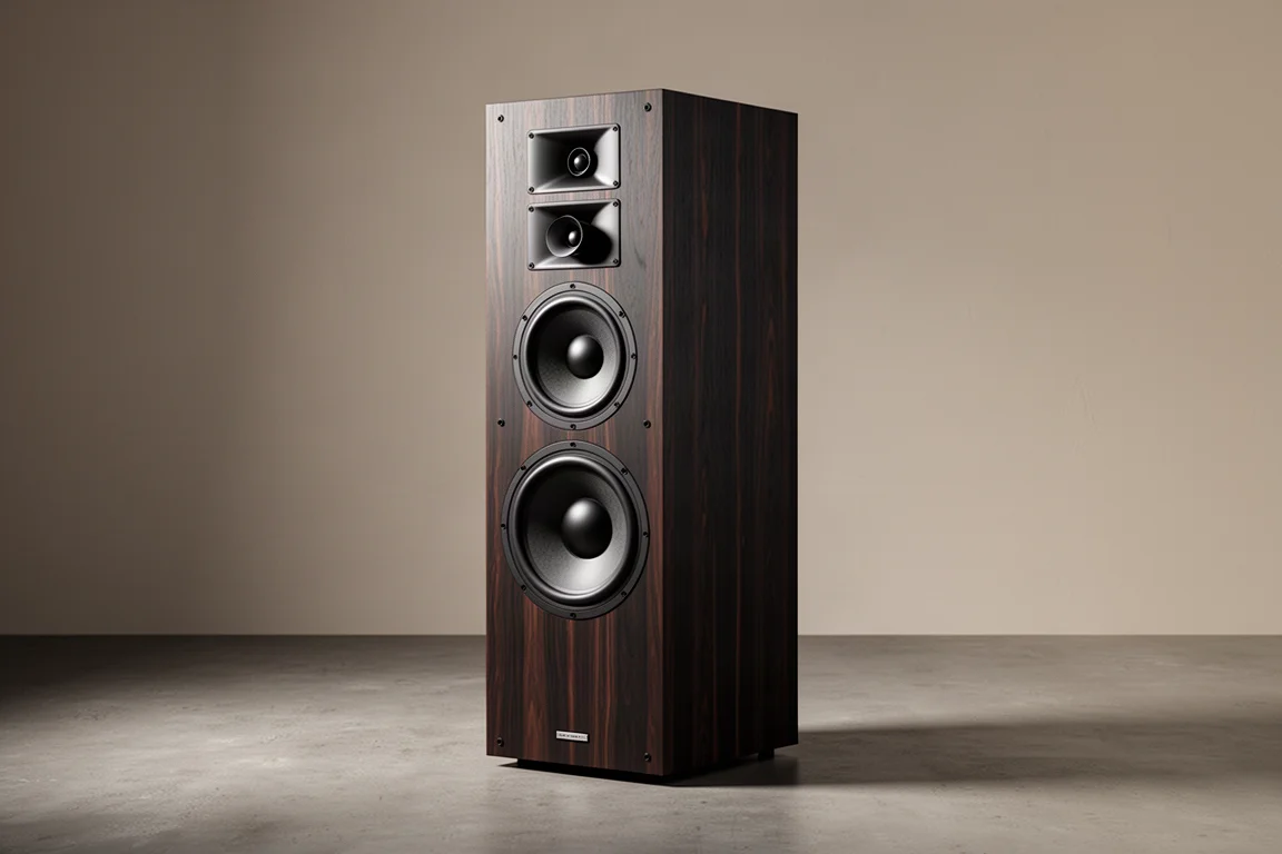 Tall dark-veneer floorstanding loudspeaker with a 15-inch woofer and twin horn tweeters