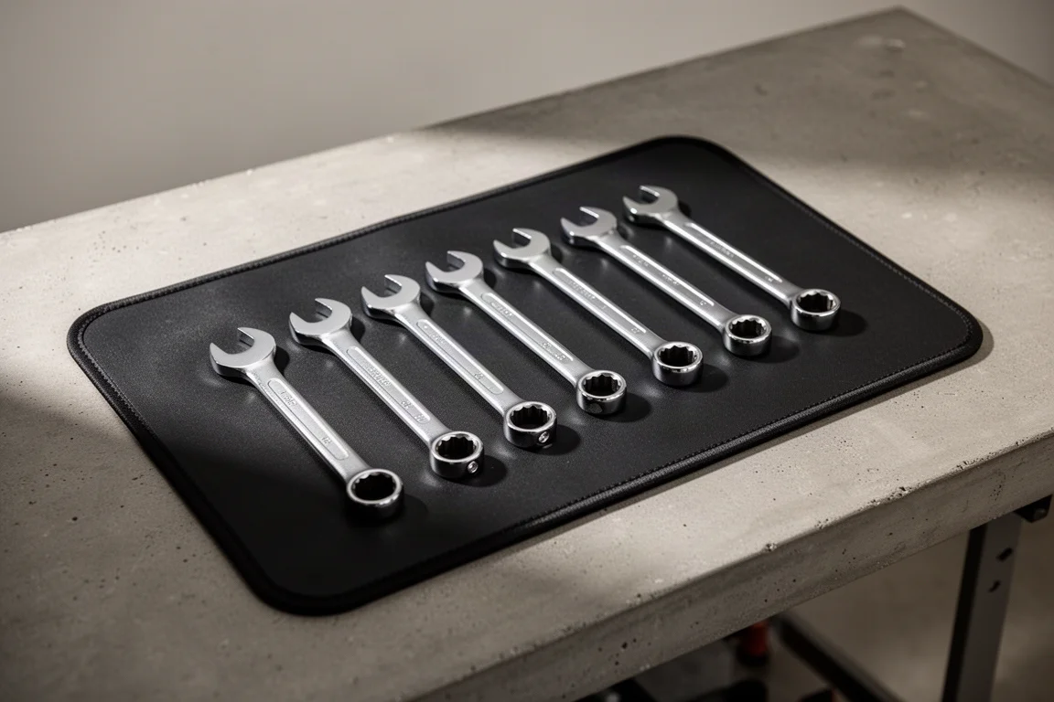 Ringschlüssel auf einer flexiblen schwarzen magnetischen Werkzeugmatte
