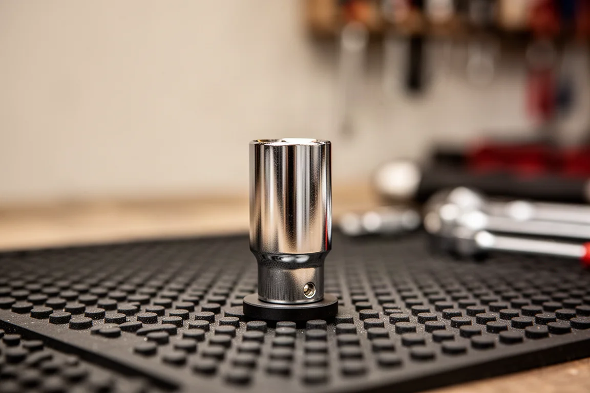 Nuss in flachem Winkel auf der Oberfläche einer magnetischen Werkzeugmatte