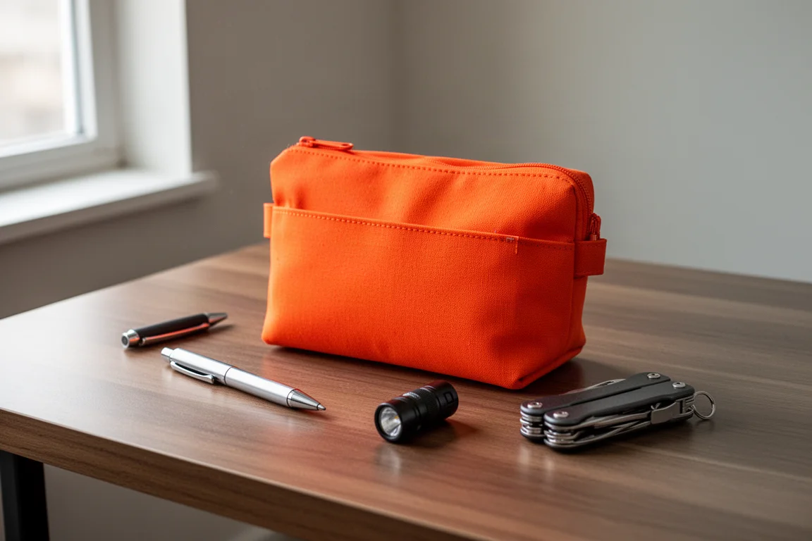 Ljusorange minimalistisk EDC-organizerpunge på ett reseskrivbord med vardagsprylar
