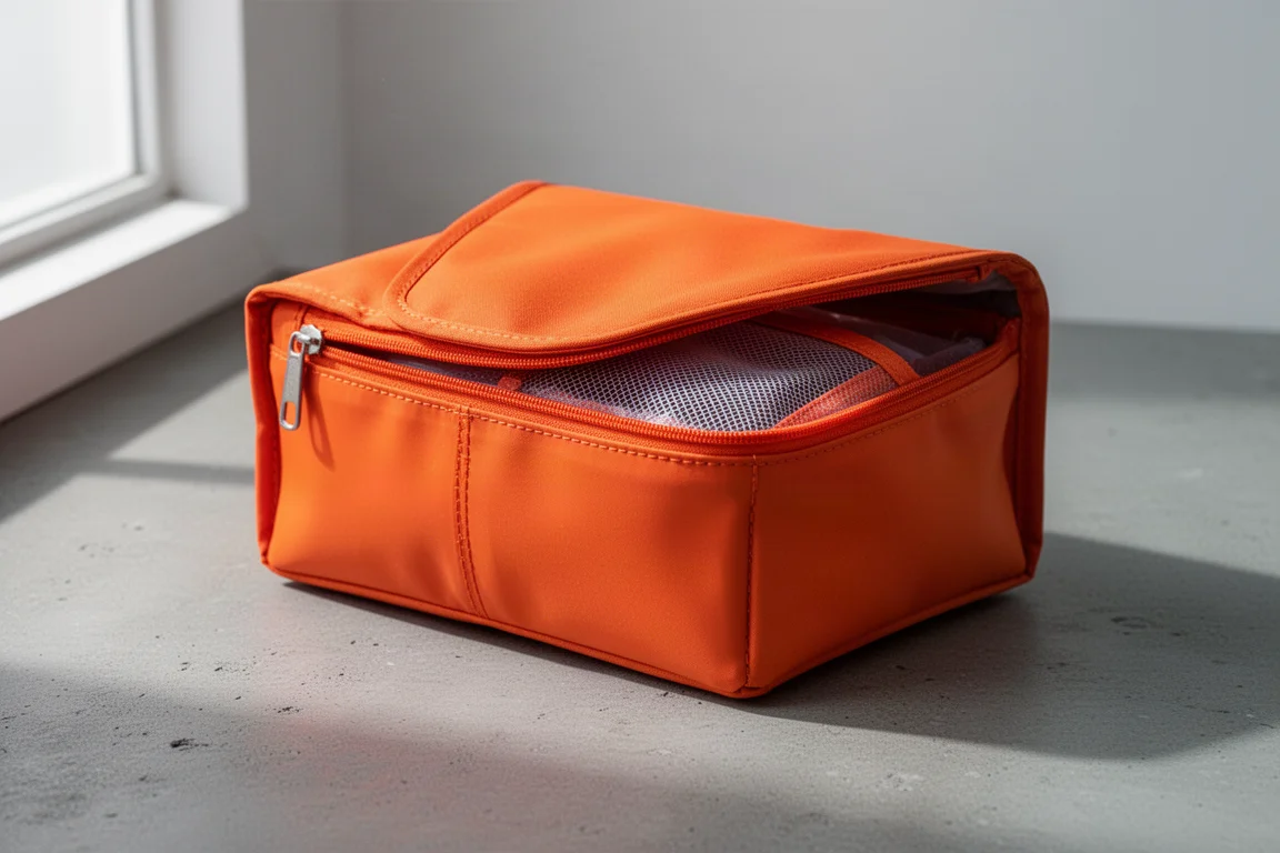 Jasnopomarańczowe minimalistyczne etui organizer EDC ze zgrzewanymi szwami na betonowej powierzchni