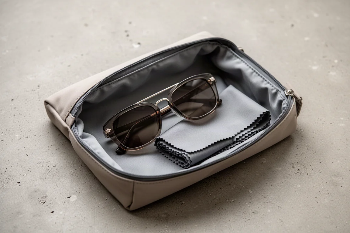 Grande pouch portaoggetti aperto con occhiali da sole e un panno in microfibra all'interno