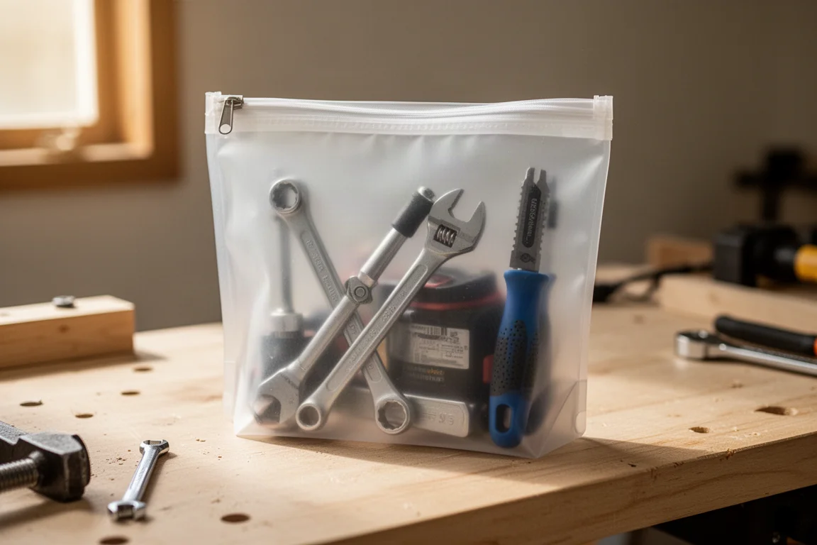 Pouch traslucido autoportante riempito di piccoli attrezzi e oggetti