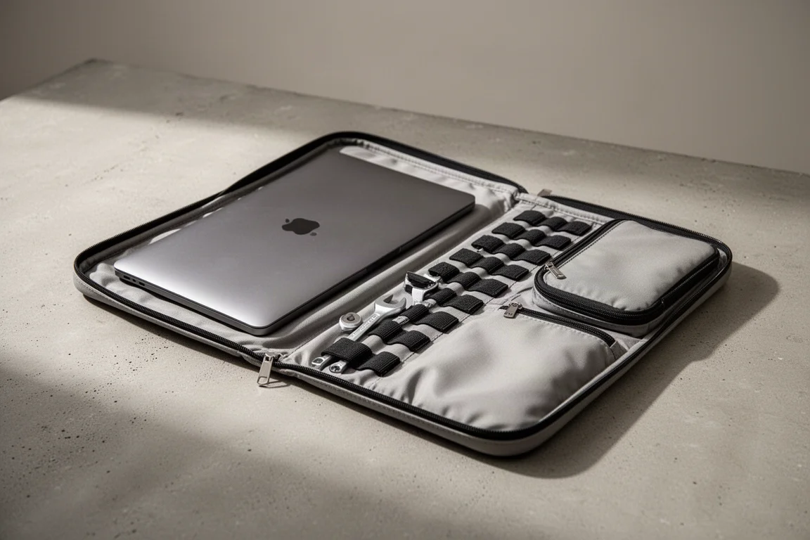 Grande organizer per attrezzi aperto con vani interni, fondello tasca porta laptop e tasca amministrativa