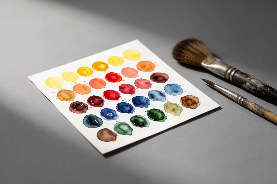 Dot card per acquerelli con tanti puntini di colore accanto a un pennello tondo