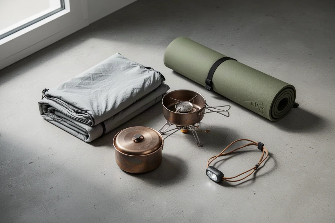 Ultralight backpacking gear arranged on a concrete surface for a gear comparison