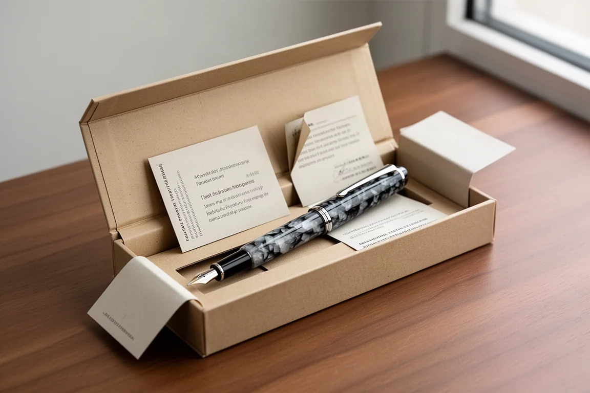Caja de estilográfica con una funda deslizante abierta que revela la pluma en su interior