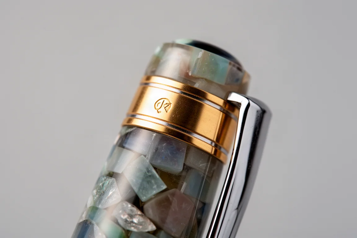 Primer plano del anillo de la tapa de una estilográfica con el sello grabado de plata de ley