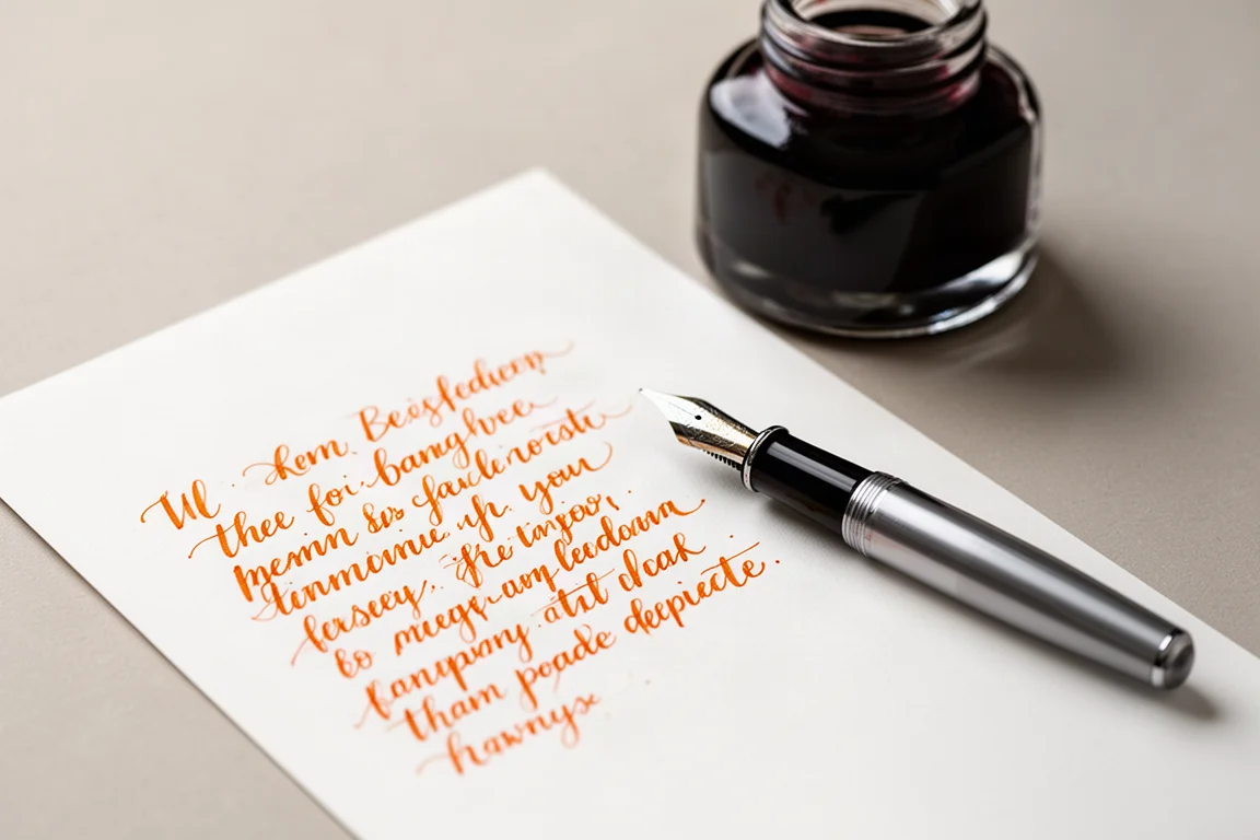 Muestra de escritura en tinta naranja sobre papel liso