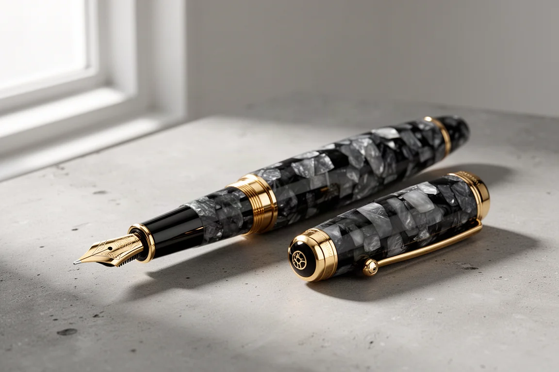 Mosaic-pattern grey and black Italian fountain pen with gold trim on a concrete surface