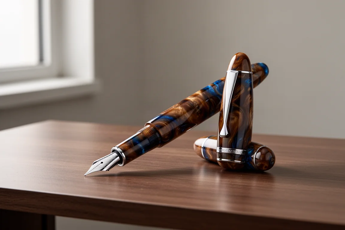 Handmade Italian fountain pen with brown and blue acrylic body on a wooden desk