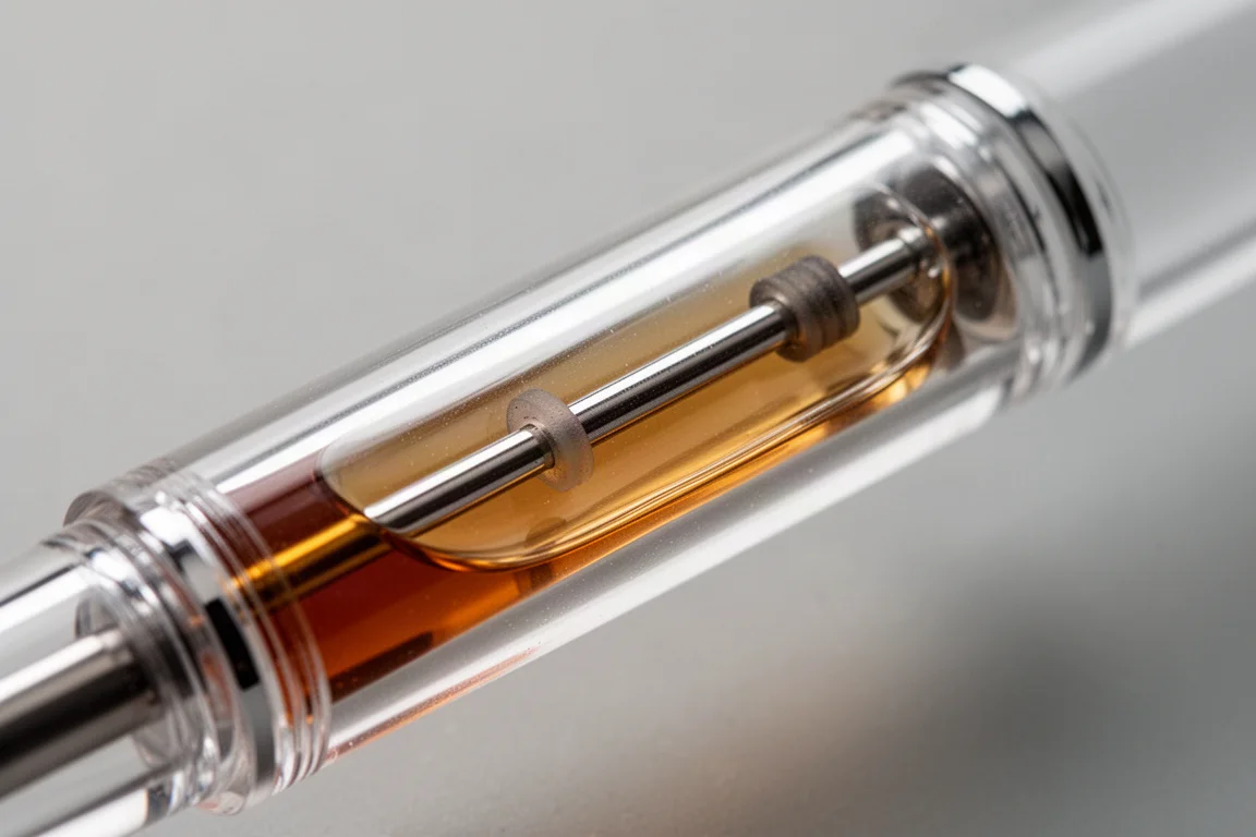 Clear acrylic fountain pen showing ink chamber and valve rod inside the barrel