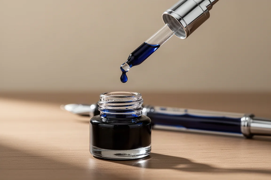 Eyedropper drawing ink from a glass ink bottle next to a pen