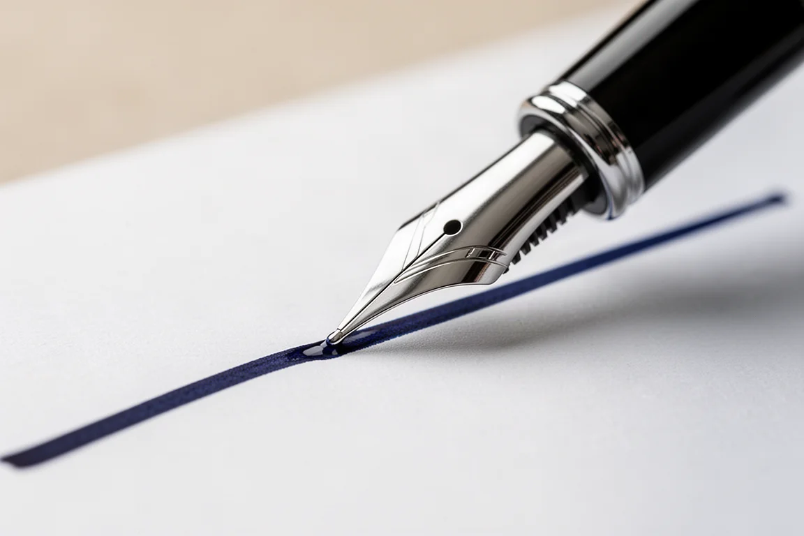 Medium steel fountain pen nib writing dark blue ink on paper
