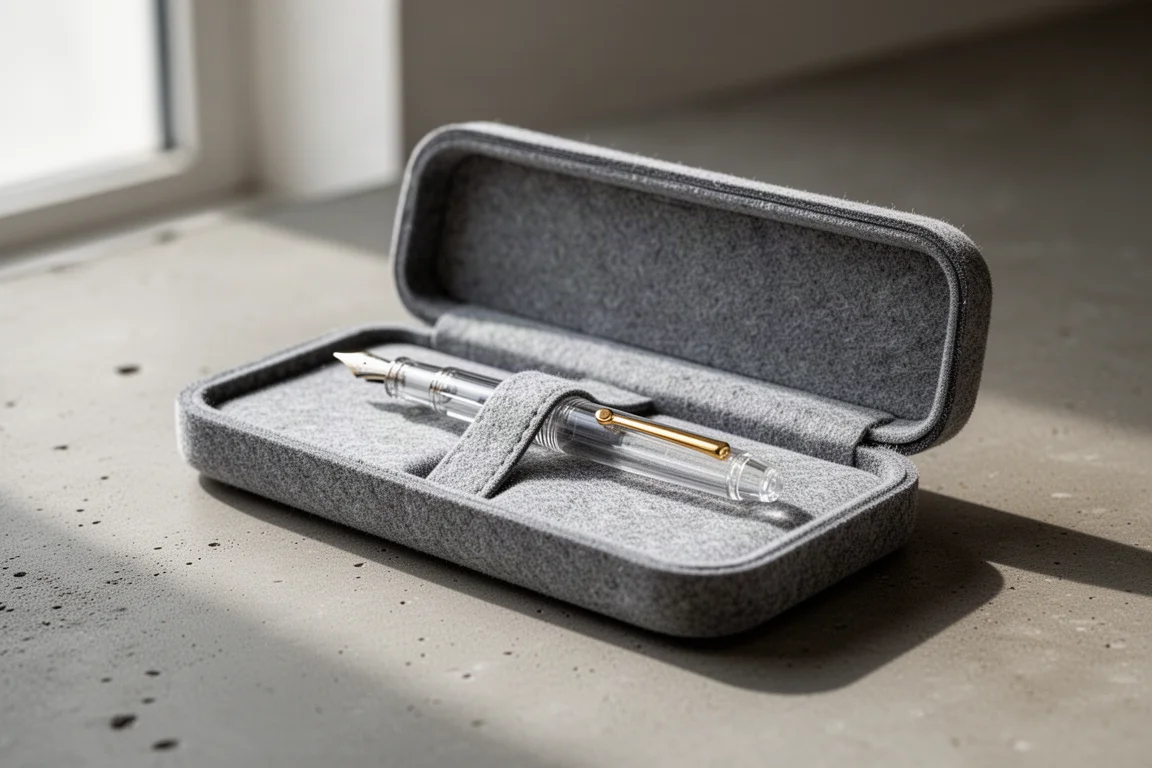 Clear fountain pen with tiny clip resting in a simple pen case