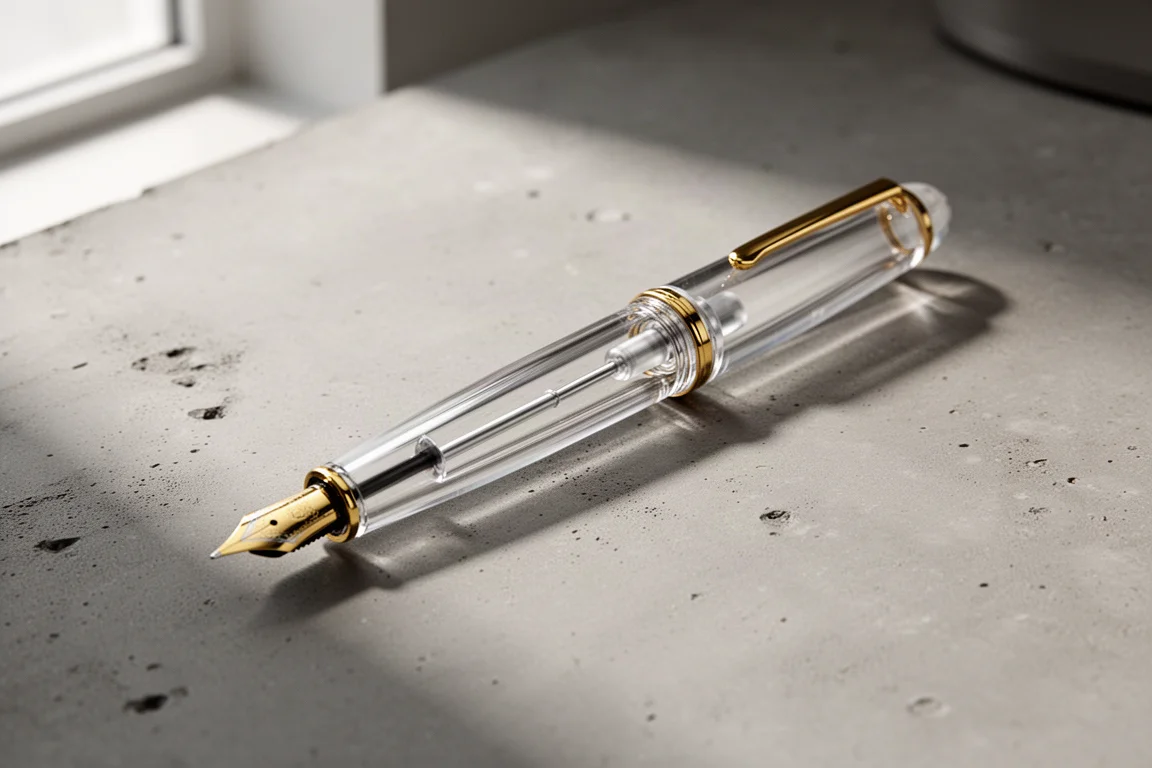 Klarer Acryl-Füllfederhalter mit Goldbeschlägen auf einem Betonschreibtisch