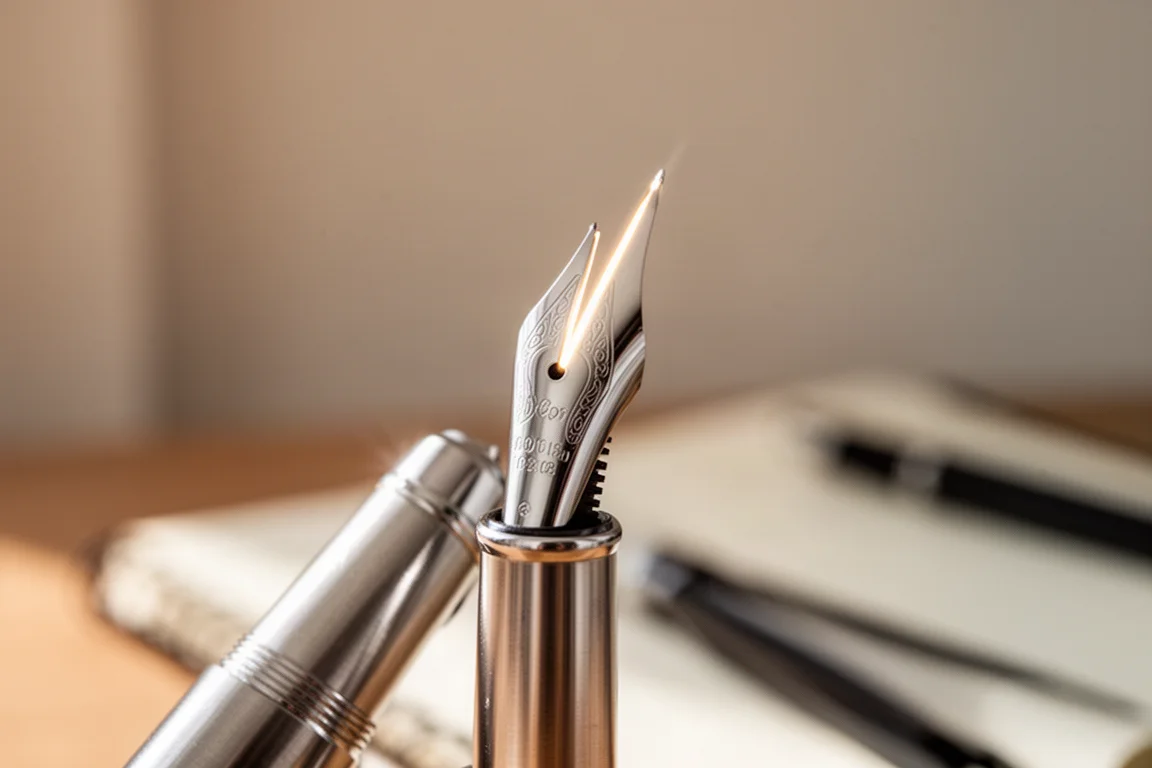 Plume de stylo plume tenue face à une fenêtre avec la lumière traversant la fente des brins
