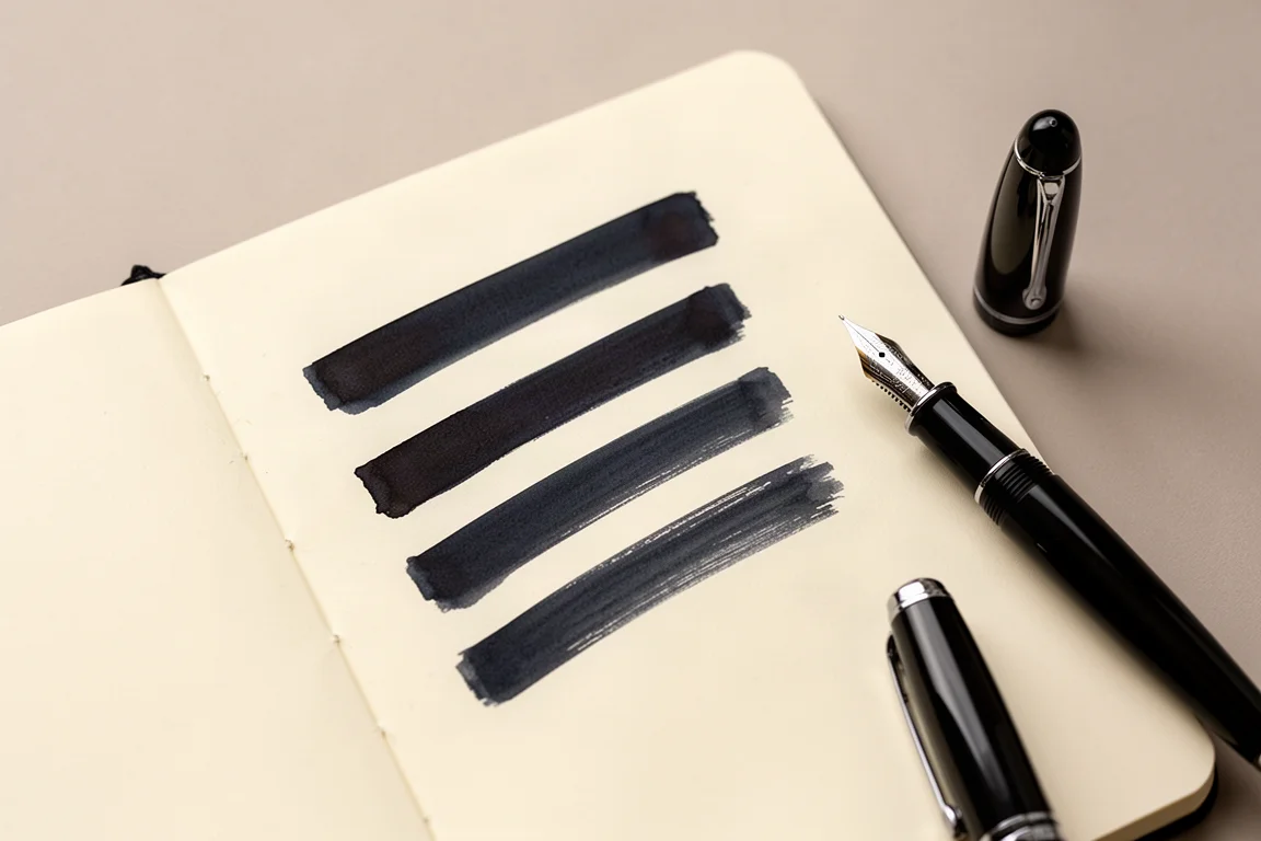 Traits d'encre fraîche sur du papier de carnet lisse séchant à la lumière du jour