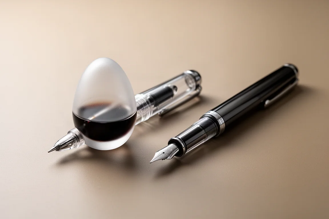 Penna stilografica demonstrator trasparente e compatta appoggiata su una scrivania in legno accanto a un quaderno