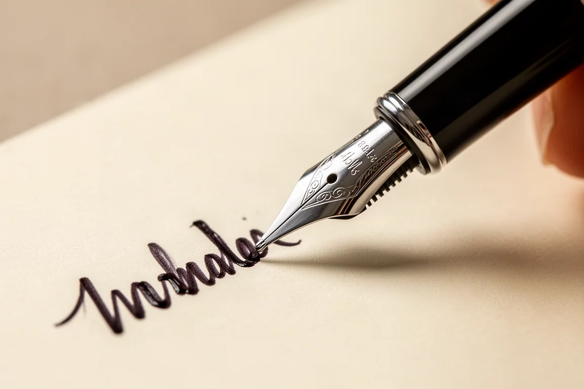 Penna con punta extra fine che scrive su carta bianca con un tratto d'inchiostro flebile e interrotto